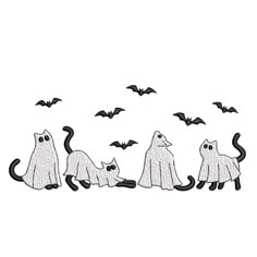 a group of cats that are standing in the grass with bats flying around them on a white background