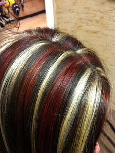 Lanza hair color. Serendipity BURLESON, TX. Black Hair With Red And White Highlights, Colored Stripes In Hair, Black White And Red Hair, Red White And Black Hair, Chunky Hair Color, Lanza Hair Color, Highlights Low Lights, Multi Colored Hair