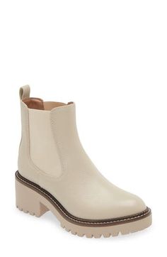 A classic Chelsea boot is remixed in this leather version that's boosted by a hardy lug platform and block heel. 2 1/2" heel; 1 1/4" platform (size 8.5) 5 1/2" shaft Pull-on style with elastic gore insets Water-resistant Leather upper/synthetic lining/rubber sole Imported Beige Leather Platform Boots With Chunky Platform, Beige Leather Platform Boots With Block Heel, Chic Cream Boots With Lug Sole, Fall Cream Boots With Lug Sole, Cream Leather Platform Boots For Fall, Cream Leather Boots With Lug Sole, Cream Leather Ankle Platform Boots, Beige Leather Boots With Chunky Platform, Beige Leather Chunky Platform Boots