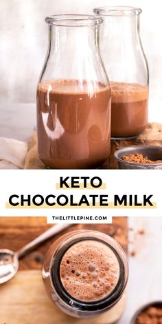 keto chocolate milkshake in two glass jars with spoons on the side