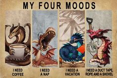 four different types of monsters with coffee and tea in their hands, one has an open mouth