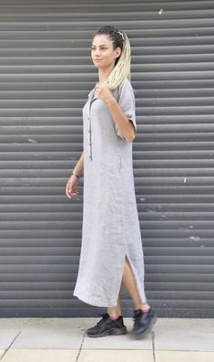 "Linen Maxi Dress, Linen Shirt Dress, Gray Linen Dress SUMMER maxi shirt- dress. White summer 100% linen dress, tunic, long shirt. Casual new fashion trend. Long daywear dress. Comfortable and unique. LINEN shirt with pockets and short sleeves. long dress. The style I used was originally designed and professionally constructed by me. Each item of my shop has a special package. Handmade in a pet-free and smoke- free environment. Available in all sizes XS,S,M,L,XL,XXL,3XL, 4XL, 5XL. Model wearing Casual Long Dress With Buttons, Casual Long Maxi Dress With Buttons, Bohemian Shirt Dress With Buttons, Bohemian Shirt Dress For Daywear, Long Beach Dress With Buttons, Long Shirt Dress With Buttons, Long Beach Dress With Button Closure, Casual Summer Maxi Dress With Button Cuffs, Summer Maxi Dress With Button Cuffs