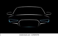 the front view of a modern car on a black background with blue light in the dark