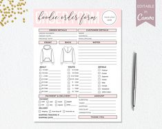 a pink and white printable order form with gold confetti on the side