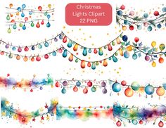 christmas lights clipart set with watercolor ornaments and garlands on white background for commercial use