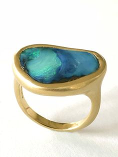 Contemporary Dalben Design Blue Green Australian Boulder Opal Yellow Gold Ring For Sale Gold Enamel Ring With Bezel Setting As Gift, Modern Yellow Gold Enamel Ring Gift, Unique Yellow Gold Enamel Ring For Anniversary, Modern Yellow Gold Opal Ring Gift, Gold Emerald Ring With Smooth Bezel As Gift, Gold Emerald Ring With Smooth Bezel For Gift, Blue Emerald Ring With Polished Finish For Gift, Gift Blue Emerald Ring With Polished Finish, Modern Blue Opal Ring Gift