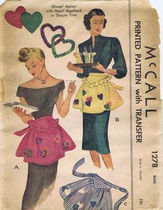 an old fashion sewing pattern with two women in dresses and one is holding a cup