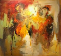 an abstract painting of two people standing next to each other