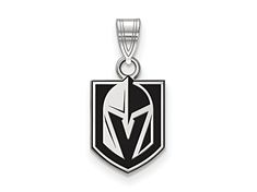 Rhodium over sterling silver black enameled NHL Licensed Vegas Golden Knights small pendant from LogoArt. Pendant has polished finish. Measures approximately 0.59"L x 0.37"W. Classic Silver Jewelry With Enamel, Silver Pendant With Black Enamel, Engraved Black Enamel Jewelry, Black Enamel Pendant Jewelry, Black Sterling Silver Necklace With Charms, Nickel-free Black Enamel Jewelry, Golden Knights, Vegas Golden Knights, Small Pendant