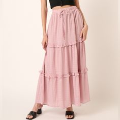 Introducing Our Stunning Drawstring High Waist Frill Skirt. This Stylish Skirt Features A Flattering High Waist And Beautiful Frill Detailing, Adding A Touch Of Elegance And Femininity To Any Outfit. The Drawstring Allows For Adjustable Comfort And Fit, Making It Perfect For All-Day Wear. Whether You're Headed To A Brunch Date Or A Night Out, This Versatile Skirt Is Sure To Make A Chic Statement. - Size: Multiple Available - Color: Dusty Pink - Material: 100% Polyester - Care: Machine Washable - Boho Skirt Outfit, Curvy Boho, Orange Maxi Skirt, Boho Maxi Skirt, Polka Dot Midi Skirt, Frill Skirt, Brunch Date, Maxi Skirt Boho, Leopard Skirt