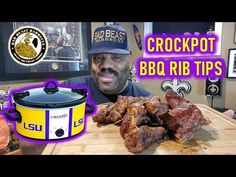 a man holding a pot full of meat next to a crockpot with bbq ribs on it