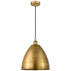 a brass colored pendant light hanging from the ceiling