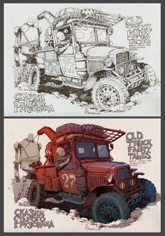 two drawings of trucks with different designs on them