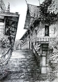 a black and white drawing of an old house with stairs leading up to the roof