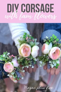 two hands holding flowers with the words diy corsage with faux flowers on them