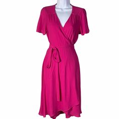 Joompy Pink Wrap Dress Sz Small New With Tags No Flaws Flattering Wrap Dress With Split Flutter Sleeves Bright Pink Bust 15.5” Length 38” Wrap Dress Pink Hot Pink Date Night Wedding Guest Shower Summer Vacation Colorful Barbie Pink Barbiecore Spring Knee-length Viscose Wrap Dress, Fitted Viscose Wrap Dress For Summer, Fitted Viscose Midi Dress With Tie Waist, Fitted Viscose Dress With Tie Waist, Feminine Fitted Knee-length Wrap Dress, Fitted Feminine Knee-length Wrap Dress, Fitted Knee-length Feminine Wrap Dress, Fitted Pink Wrap Dress For Summer, Fitted Short Sleeve Pink Wrap Dress