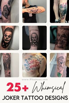 many different tattoos are shown with the words 25 + unique joker tattoo designs on them