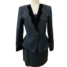 Gorgeous Vintage New Nolan Miller “Dynasty” 3pc Jacket , Camisole, Skirt~ Lined Suit. Black Wool Crepe , Velvet, Sequin Beaded French Alencon Lace. Size 10. Jacket~ Shoulder 16.5”, Sleeve 24”, Underarm 38”, Waist 31.5”, Length 23”( Has Shoulderpads/One Beaded Button Snap Closure) ***Skirt~ Waist 29”, Hip 39.5”, Length 16-3/4”. ***Camisole~Bust 36”. Beautiful Designer Cocktail Evening Dressy Suit. New Condition/Never Worn Elegant Embellished Suits For Evening, Elegant Embellished Evening Suits, Tailored Embellished Evening Sets, Tailored Embellished Sets For Evening, Elegant Embellished Formal Sets, Elegant Embellished Sets For Formal Occasion, Elegant Fitted Embellished Set, Elegant Embellished Evening Sets, Elegant Embellished Suits For Workwear