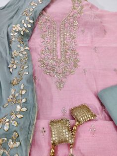 Item Overview ATHARVA Hand Embroidery Salwar Kameez/Pink Chanderi Silk/Grey Gota Patti Chiffon Dupatta/Custom Stitch Unstitch/Churridar/Anarkali Dno. CH1715 Fabric: * Shirt - Chanderi Silk- Hand Embroidered Neck 2.5 Mts - Beautiful Hand Embroidery * Dupatta: Chiffon Chinnon Dupatta/ All over Gota Patti Embroidery - 2.5 Mts- Latkans Tassels * Bottom Santoon Silk 2.5 Mts. (Doesn't require lining in stitching) Excusive Hand Embroidered Party Wear Punjabi Suit. Customization: * Fabrics Customization Pink Indian Outfit, Gota Patti Suits, Patiala Salwar Kameez, Embroidery Suits Punjabi, Lehnga Dress, Embroidery Sweater, Embroidery Shoes, Embroidered Pants, Patiala Salwar