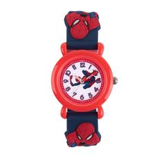 a spiderman watch with blue straps and red face is shown on a white background