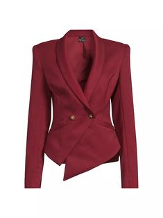 The Fitted Vintage Blazer is a stylish and sophisticated piece with a classic double-breasted design. Crafted from a high-quality fabric, it features a structured silhouette with padded shoulders and a nipped-in waist. The blazer's asymmetrical hem adds a touch of modern flair, while the gold-toned buttons provide a luxurious finishing touch. Style #: F4-S19-405-JKT Color: Oxblood/Midnight Fabric: 79% Viscose, 19% Rayon 2% Spandex Fitted body with asymmetrical hemline Poly satin fully lined Stro Celeste Color, Workwear Brands, Striped Wide Leg Pants, Vintage Blazer, Notch Collar, Work Wear Women, Breasted Blazer, Double Breasted Blazer, Notched Collar