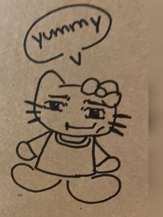 a drawing of a cat with a speech bubble above it's head and the word yummy written in black ink