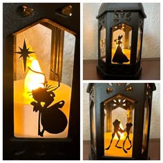 three different views of a lit candle with an image of a mouse and a star on it