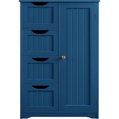 a blue armoire with three drawers and two doors