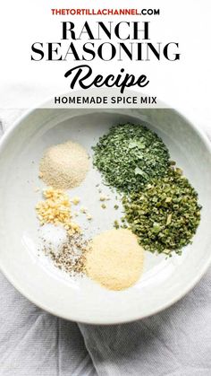 three different spices in a white bowl with the title text above it that says franic seasoning recipe homemade spice mix