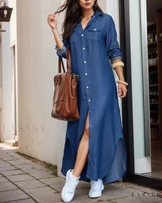 Lasaky - Stylish Printed Blouse Maxi Dress for Sophisticated Fashion Enthusiasts 파티 드레스, Street Dress, Maxi Shirts, Long Shirt Dress, Womens Long Sleeve Shirts, Vestido Casual, Maxi Dresses Casual, Long Sleeve Maxi, Loose Dress