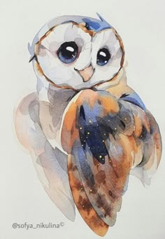 a watercolor painting of an owl with blue eyes