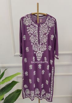 DESCRIPTION ▪ Fabric: Modal ▪ Sleeves: 3/4 Sleeves ▪ Style: Straight Kurti ▪ Length: 44-46 Inches ▪ Occasions: Casual Wear, Office Wear, Festive Wear ▪ Garment Care: Hand Wash Only ▪ Net Content: Only Kurti Purple Straight Kurta With Cutdana, Bohemian Long Sleeve Self Design Dress, Bohemian Long Sleeve Dress With Self Design, White Zari Work Dress For Summer, White Zari Work Summer Dress, White Summer Dress With Zari Work, Summer Salwar Kameez With Cutdana And Long Sleeves, Fitted Chikankari Embroidery Kaftan, Summer Long Sleeve Salwar Kameez With Cutdana