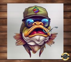 a painting of a fish wearing sunglasses and a hat with a fishing hook in it's mouth