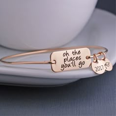 Oh the Places You'll Go Bangle Bracelet, Dr. Suess Bracelet, Graduation Gift – georgie designs personalized jewelry Bracelet Quotes, Bracelet Size Chart, Mothers Bracelet, Graduation Jewelry, 강아지 그림, Graduation Gift Ideas, The Bangles, Friend Bracelets, Gold Armband