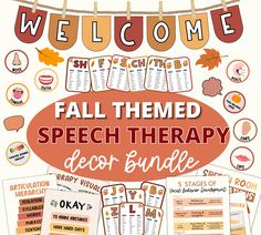 the fall themed speech therapy decor bundle is shown in orange and white with words that read,