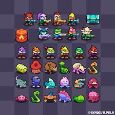 an image of some pixel style characters in different colors and sizes, all with different types of