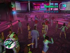 a group of people dancing in a room with neon lights and disco lights on the ceiling