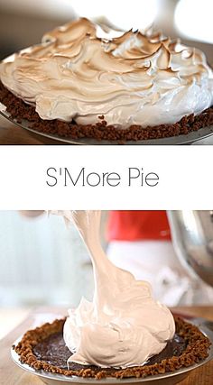 there is a pie with whipped cream on top and another pie in the background that says, s'more pie