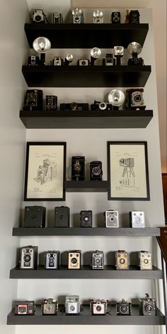 some shelves with pictures and cameras on them