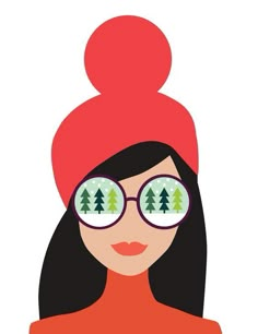 a woman wearing glasses and a red hat with trees on the eyes is featured in this illustration