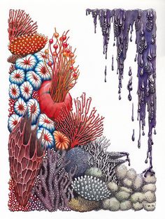 a painting of corals and seaweed with water dripping from the top, on white paper