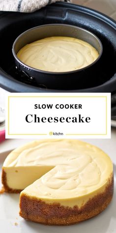 a close up of a cheesecake on a plate with a cake pan in the background