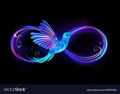 a blue bird flying in the air with swirls