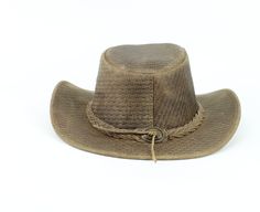 Our weaved leather cowboy hats are made of genuine cowhide leather. This beautifully handcrafted hat is made with fine craftsmanship and materials. Any scars, wrinkles or other subtle variations are characteristics of natural leather and do not affect its strength or quality. The unisex leather hat is embellished with brass conchos. The crown of the had also boasts a braided hat band. Use the strap for windy days or to keep it around your neck while traveling so you won't lose it. Perfect access Vintage Brown Fedora For Ranch, Vintage Distressed Brown Hat Bands For Rodeo, Vintage Distressed Brown Hat Band For Rodeo, Distressed Brown Country Hat For Rodeo, Western Braided Fedora Hats, Country Style Distressed Brown Hat For Rodeo, Braided Western Fedora Hats, Vintage Brown Hat For Ranch, Western Distressed Brown Hat For Outdoor