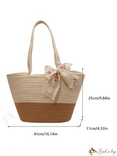 BirdinBag - Two-Tone Straw Bag with Floral Embroidered Twilly Scarf Decoration: Elevate your Style Twilly Scarf, Twilly, Shoulder Tote Bag, Shoulder Tote, Color Khaki, Elevate Your Style, Womens Tote Bags, Crochet Bag, Straw Bag