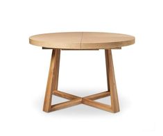 a round wooden table with two crossed legs