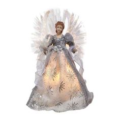 a lighted christmas angel figurine with white wings and silver dress, standing on a white background