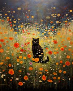 a painting of a black cat sitting in a field of orange and yellow flowers,