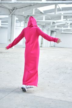 "Hot Pink Dress, Loose Maxi Dress, Hooded Dress ◈ Stylish and chic fashion is our shared dream! You can be sure that this piece is made with a lot of love and craftsmanship. ◈ S I Z I N G ◈ The model wears size S and the length of the item is approximately 135 cm. This item is available from XS to 4XL. Please, have a look at my Size Chart below before placing your order. The model in the picture is 63'' (160 cm) tall. ◈ D E L I V E R Y ◈ This item will be shipped in up to 5 days after your order Pink Stretch Long Sleeve Maxi Dress, Pink Long Sleeve Maxi Dress For Winter, Pink Stretch Maxi Dress With Long Sleeves, Long Pink Dress For Winter, Long Pink Dresses For Winter, Long Pink Winter Dresses, Hooded Stretch Dress For Spring, Spring Hooded Stretch Dress, Stretch Hooded Dress For Spring