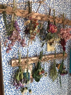 dried flowers are hung on the wall with twine and tied to wooden pegs